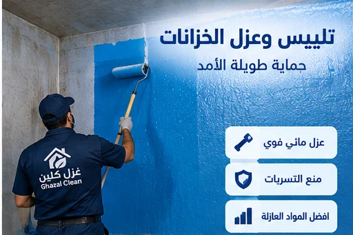 فني يطبق طبقة لياسة وتلييس داخل خزان مياه